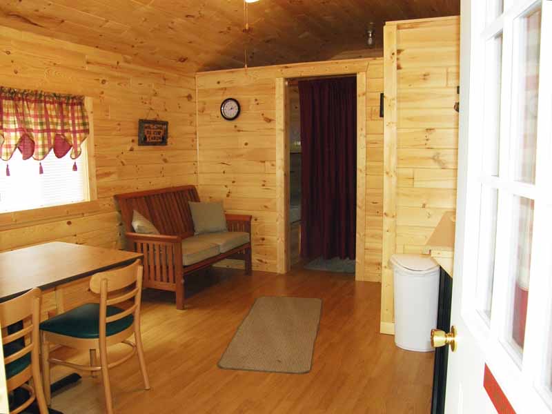 Cabin interior photo of living room.